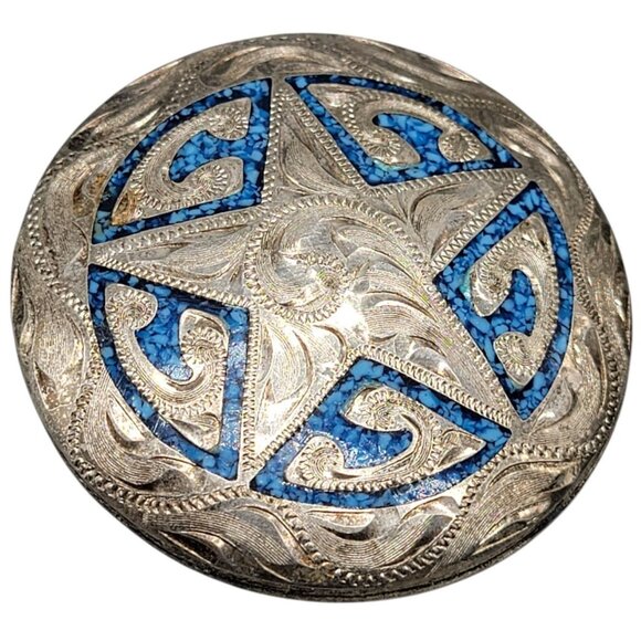 Faux Turquoise Etched Silver Plated Star Pendant Large Vintage Western Style - Picture 2 of 6